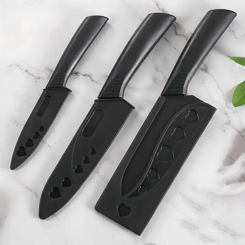 Knife Set for Kitchen ^ Professional 3 Pieces High Carbon Stainless Steel Colour Printed Coated Chef Knife I Utility Knife I Sontuku Knife I Kitchen Knives with Ergonomic Handle (Black)